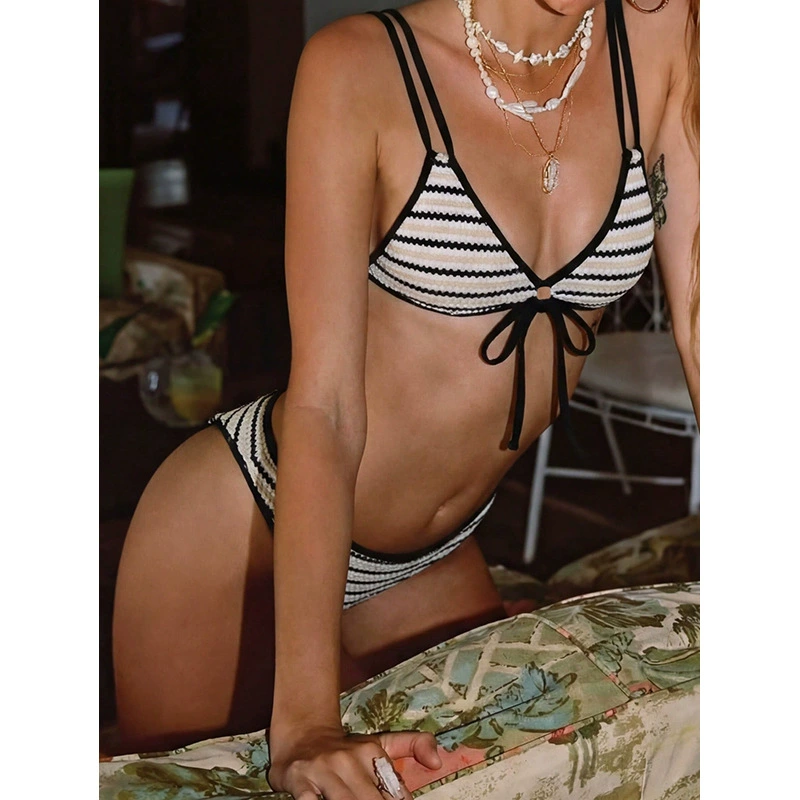 Beige Black and White Striped Triangle Bikini Set with Tie Front