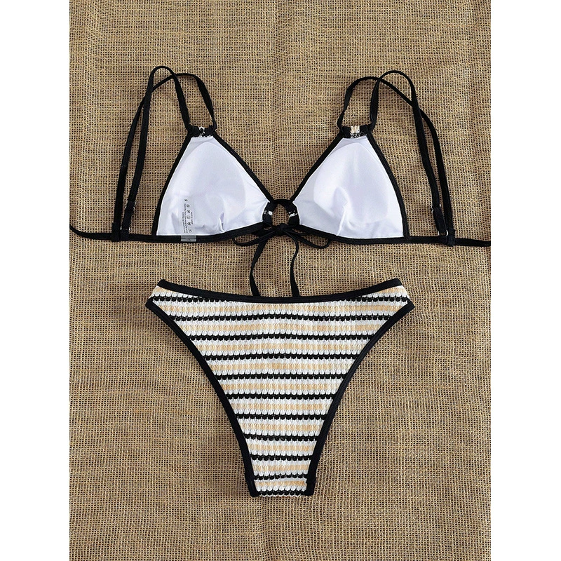 Beige Black and White Striped Triangle Bikini Set with Tie Front view 3