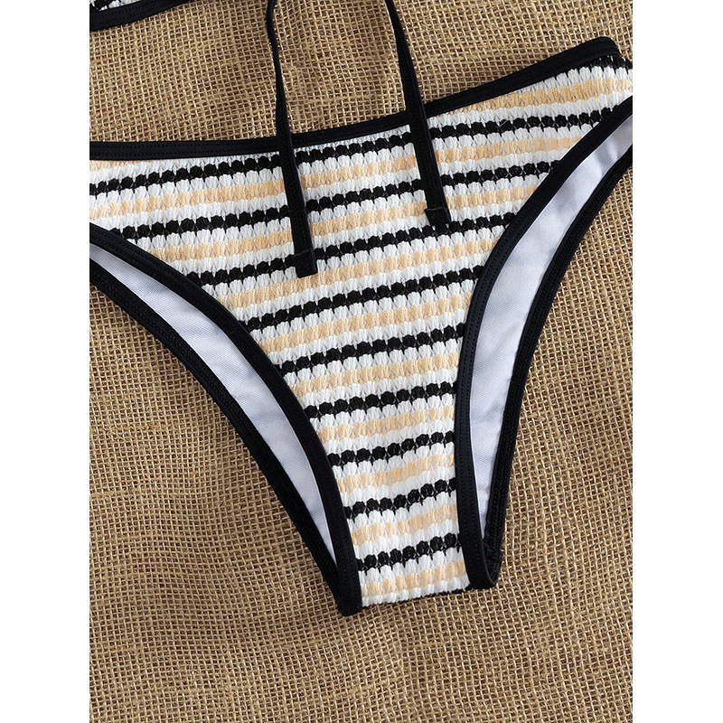 Beige Black and White Striped Triangle Bikini Set with Tie Front view 4