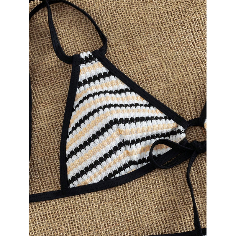 Beige Black and White Striped Triangle Bikini Set with Tie Front view 5
