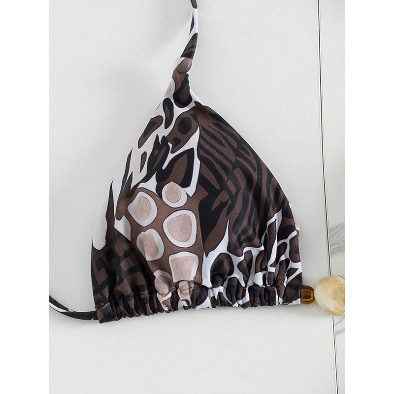 Black and Brown Animal Print Halter Triangle Bikini Set with Beaded Ties view 5