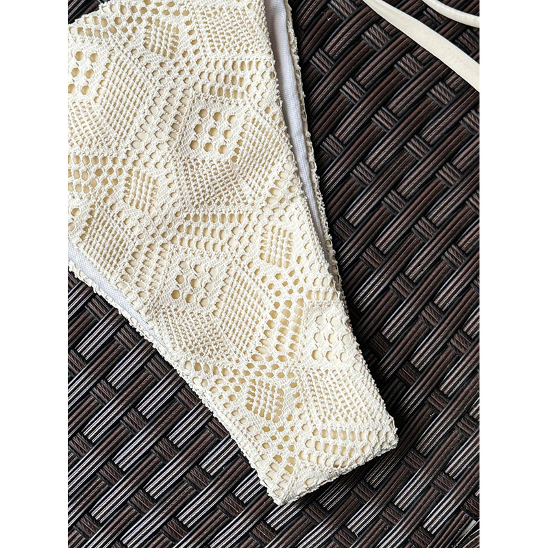 Off-White Crochet Triangle Halter Bikini Set with Beaded Side-Tie Bottoms view 4