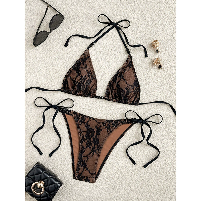 Black Lace Triangle Halter Bikini Set with Side-Tie Briefs