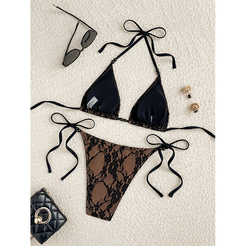 Black Lace Triangle Halter Bikini Set with Side-Tie Briefs