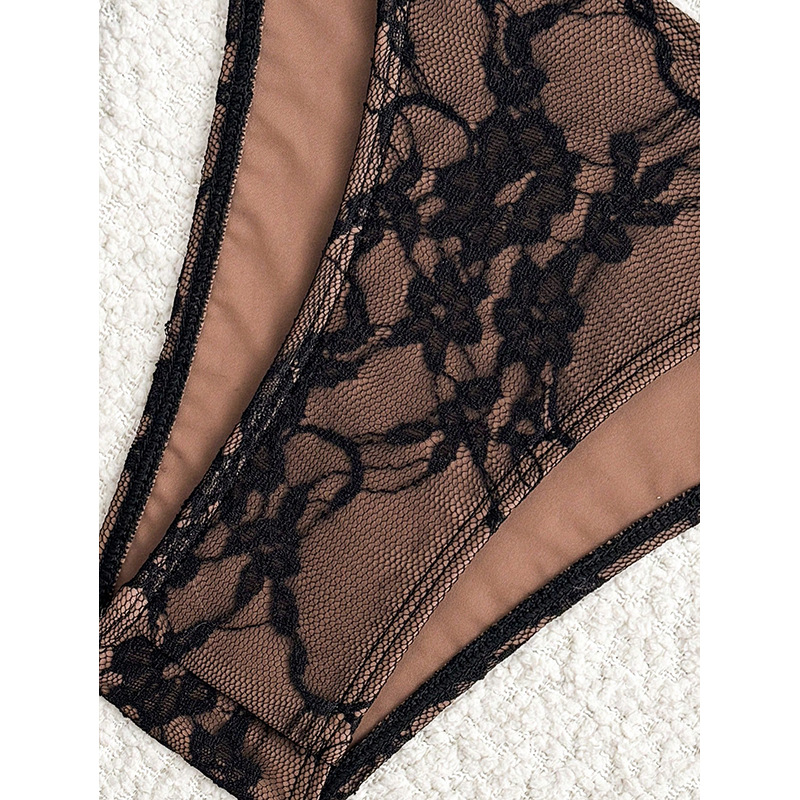 Black Lace Triangle Halter Bikini Set with Side-Tie Briefs view 5