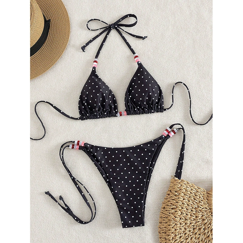 Black and White Polka Dot Triangle Bikini Set with Beaded Tie Strings