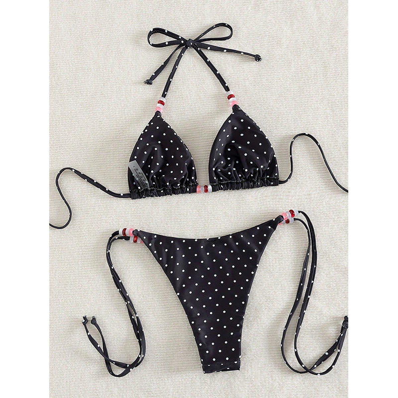 Black and White Polka Dot Triangle Bikini Set with Beaded Tie Strings view 3