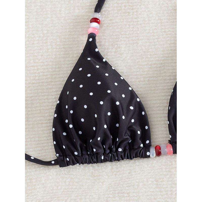Black and White Polka Dot Triangle Bikini Set with Beaded Tie Strings view 5