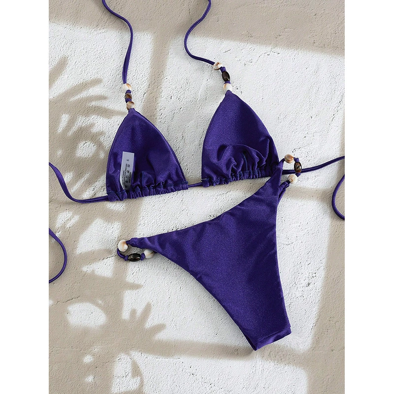 Deep Blue Beaded String Triangle Halter Bikini Set view 3
