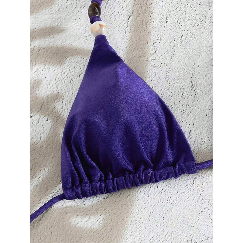 Deep Blue Beaded String Triangle Halter Bikini Set view 4