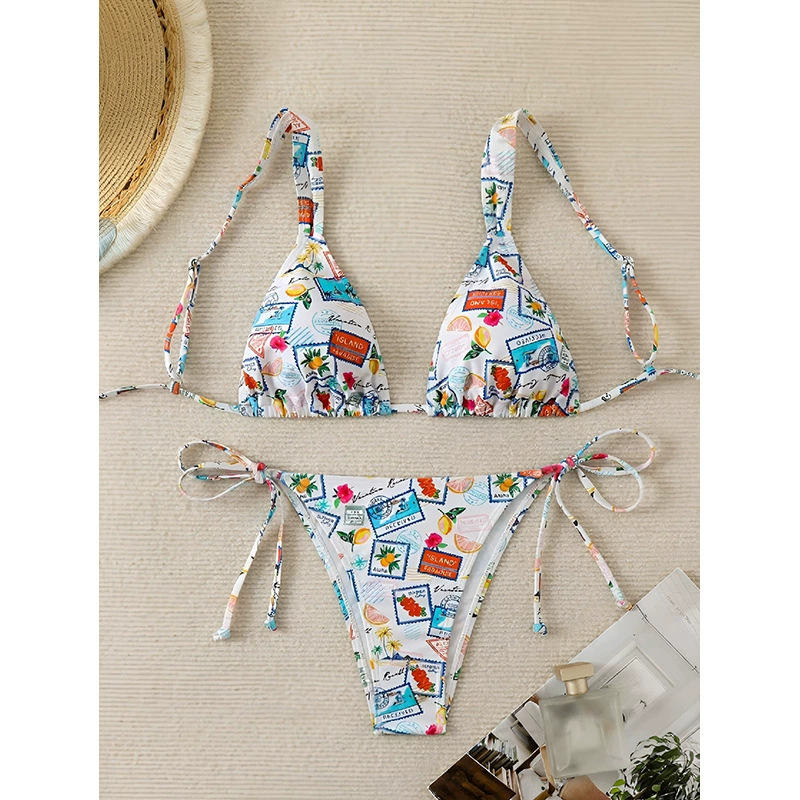 Tropical Stamp Print Triangle Halter Bikini Set with Tie-Side Bottoms