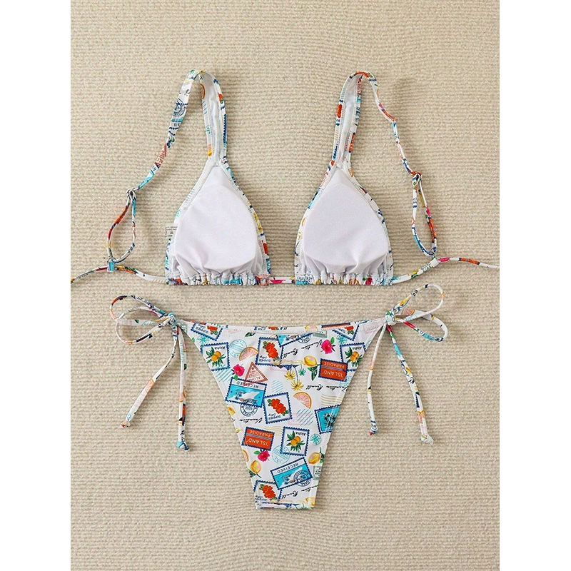 Tropical Stamp Print Triangle Halter Bikini Set with Tie-Side Bottoms