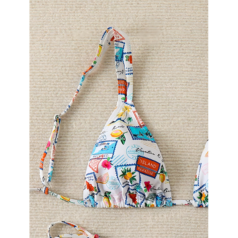 Tropical Stamp Print Triangle Halter Bikini Set with Tie-Side Bottoms view 3