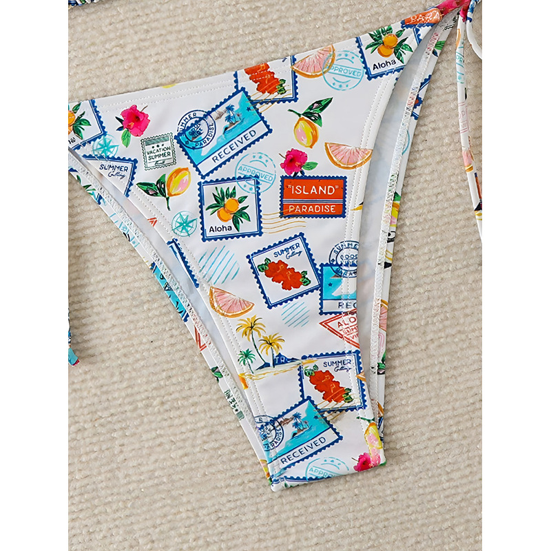 Tropical Stamp Print Triangle Halter Bikini Set with Tie-Side Bottoms view 4