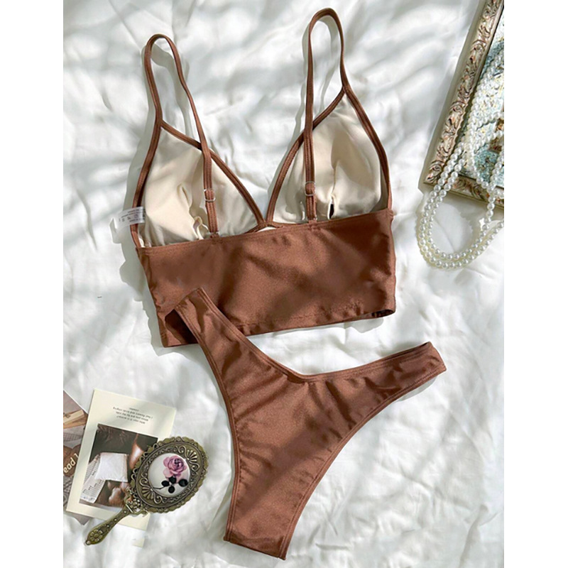 Brown Embroidered Longline Bralette Bikini Set
