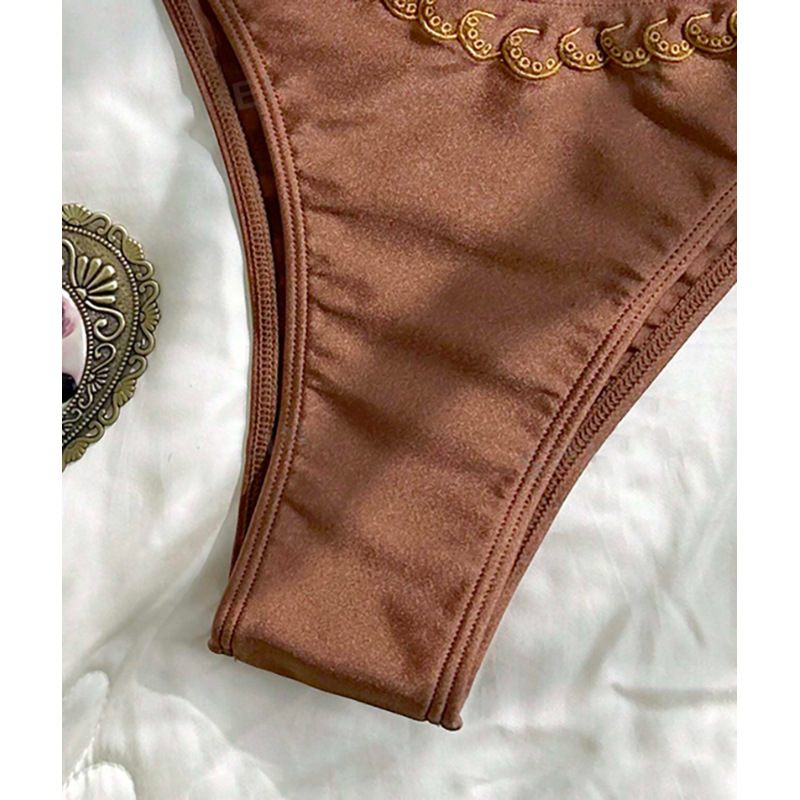 Brown Embroidered Longline Bralette Bikini Set view 3