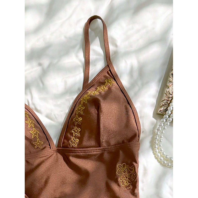 Brown Embroidered Longline Bralette Bikini Set view 4