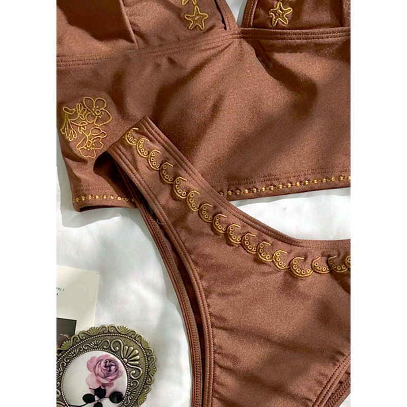 Brown Embroidered Longline Bralette Bikini Set view 5