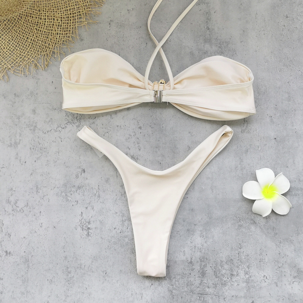 Gathered Cup Halter Bikini Set with Ring Detail and Brazilian Bottom view 10
