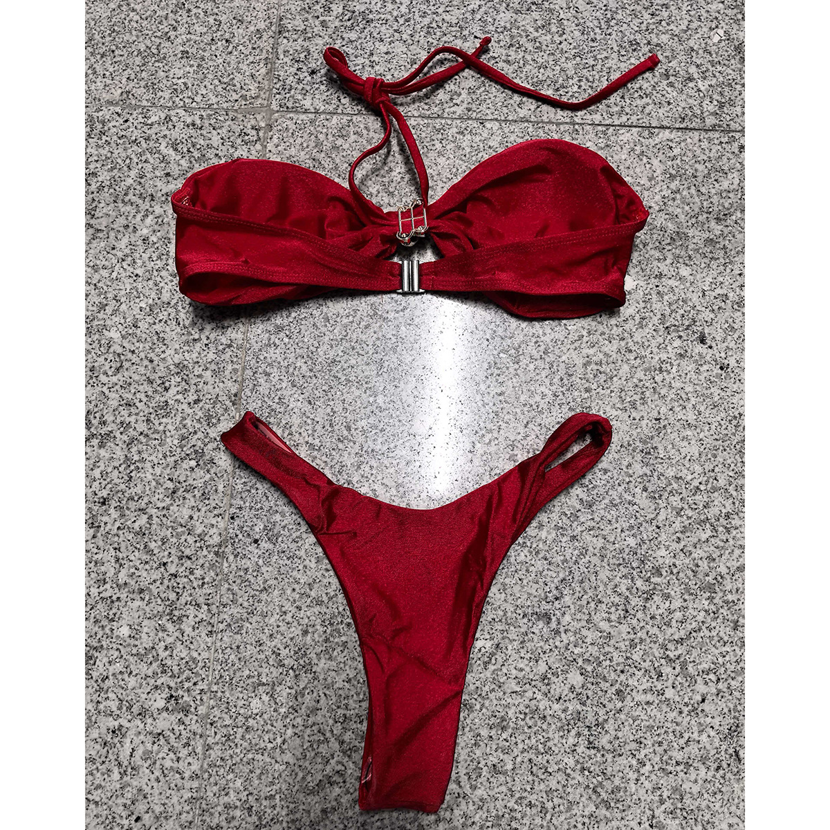 Gathered Cup Halter Bikini Set with Ring Detail and Brazilian Bottom view 14