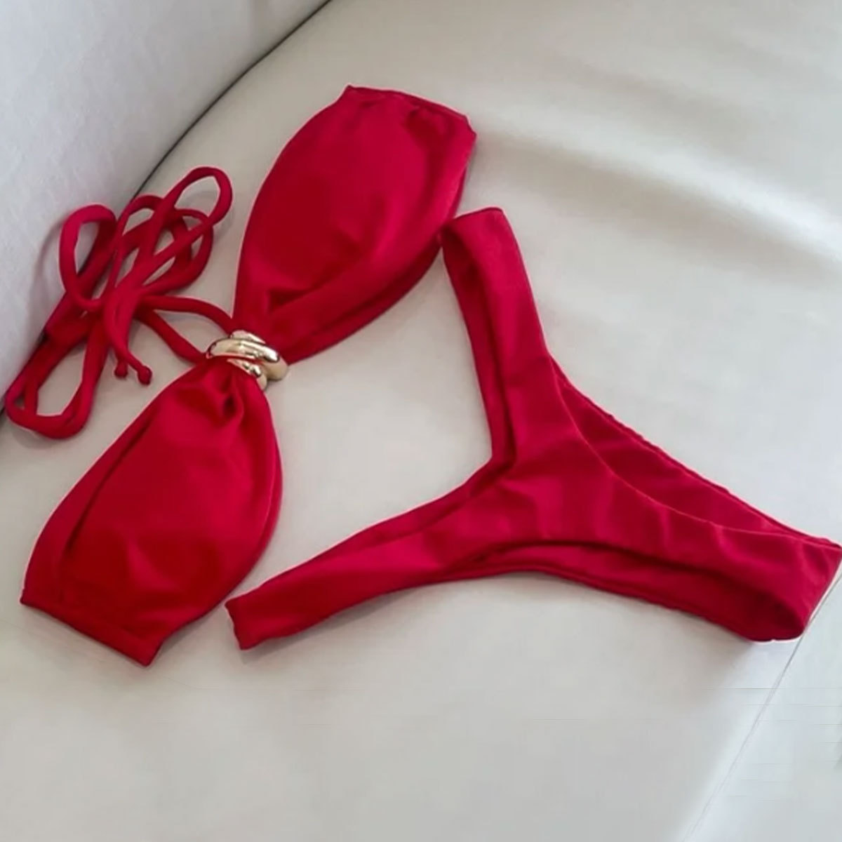 Gathered Cup Halter Bikini Set with Ring Detail and Brazilian Bottom