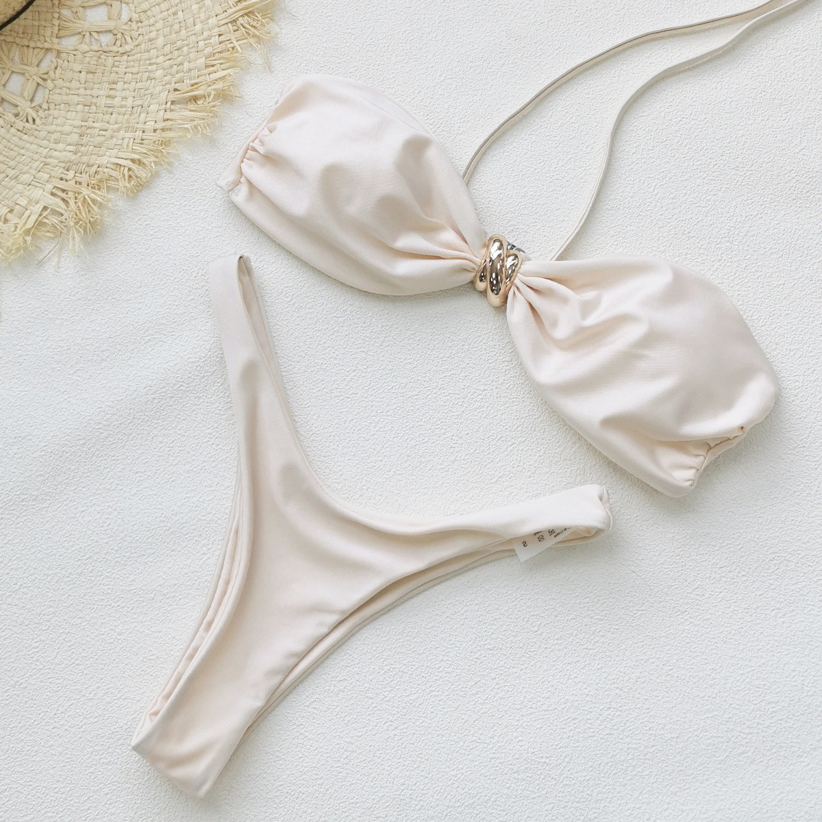 Gathered Cup Halter Bikini Set with Ring Detail and Brazilian Bottom view 2