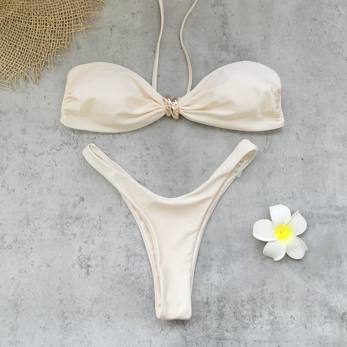Gathered Cup Halter Bikini Set with Ring Detail and Brazilian Bottom view 6