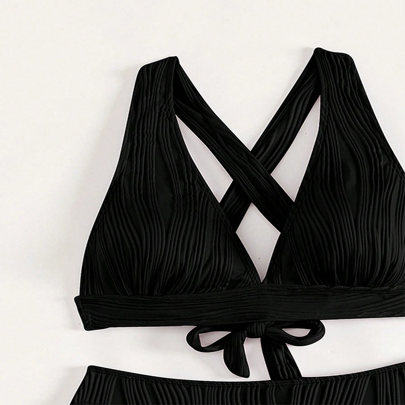 Ribbed Halter V-Neck Bikini Set with Cross-Back Straps and High-Waist Bottoms view 10