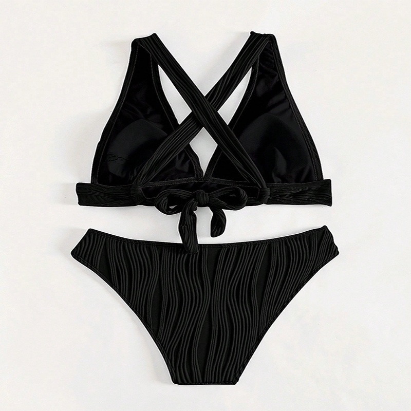Ribbed Halter V-Neck Bikini Set with Cross-Back Straps and High-Waist Bottoms view 11