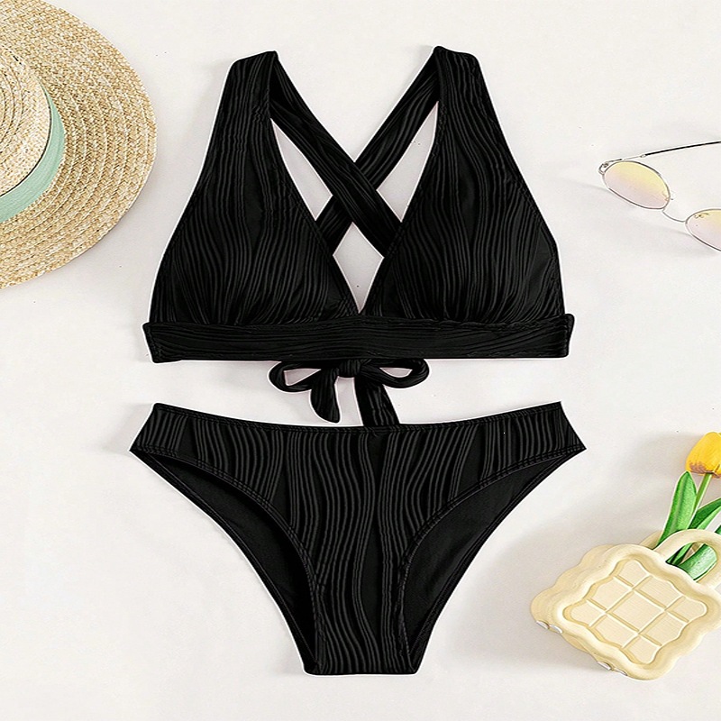 Ribbed Halter V-Neck Bikini Set with Cross-Back Straps and High-Waist Bottoms view 12