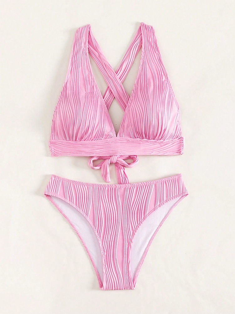 Ribbed Halter V-Neck Bikini Set with Cross-Back Straps and High-Waist Bottoms view 6