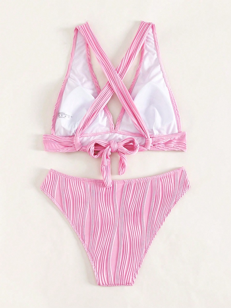Ribbed Halter V-Neck Bikini Set with Cross-Back Straps and High-Waist Bottoms view 7