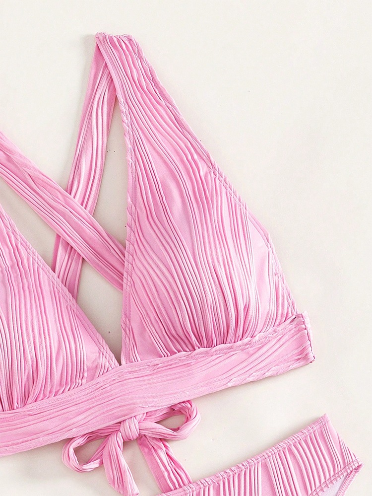 Ribbed Halter V-Neck Bikini Set with Cross-Back Straps and High-Waist Bottoms view 8