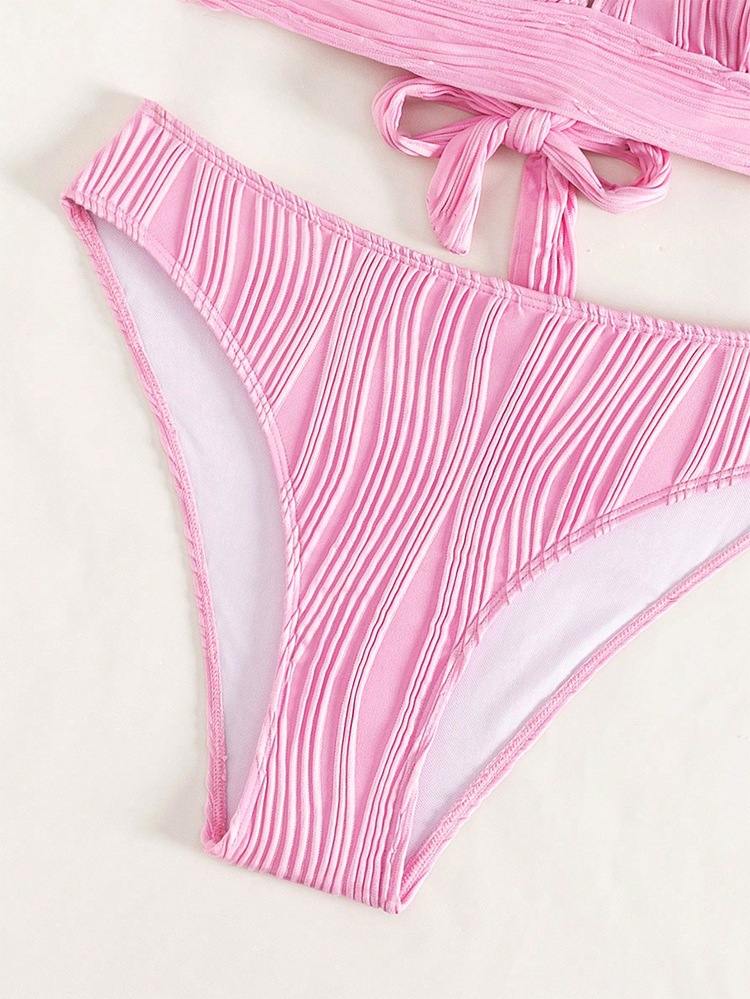 Ribbed Halter V-Neck Bikini Set with Cross-Back Straps and High-Waist Bottoms view 9