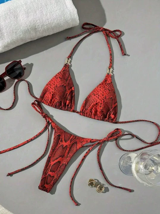 Red Snake-Print Triangle Bikini Set with Metal Ring Ties