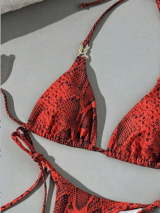 Red Snake-Print Triangle Bikini Set with Metal Ring Ties view 3