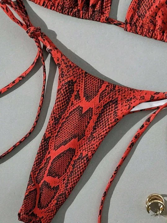 Red Snake-Print Triangle Bikini Set with Metal Ring Ties view 4
