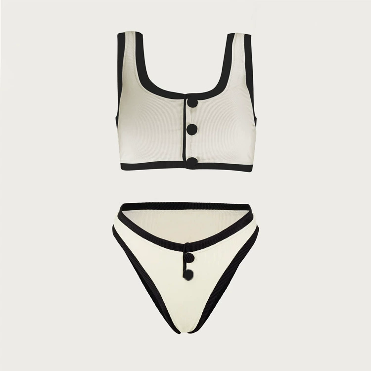 Scoop-Neck Button-Front Bikini Set with High-Cut Briefs view 3
