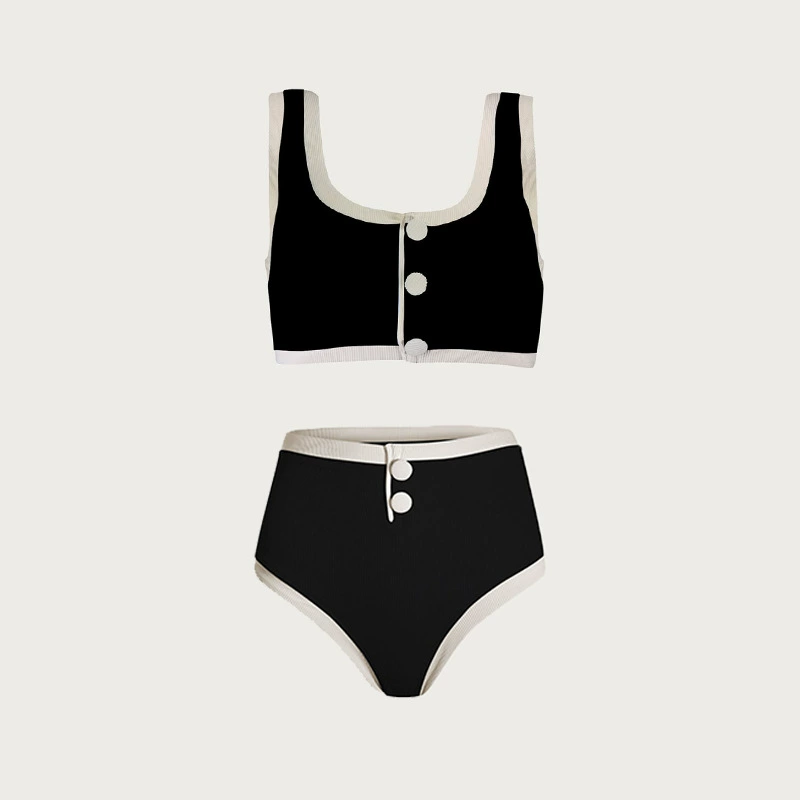Scoop-Neck Button-Front Bikini Set with High-Cut Briefs view 7