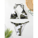 Camouflage Print Triangle Halter Bikini Set with High-Cut Buckle Bottoms view 2