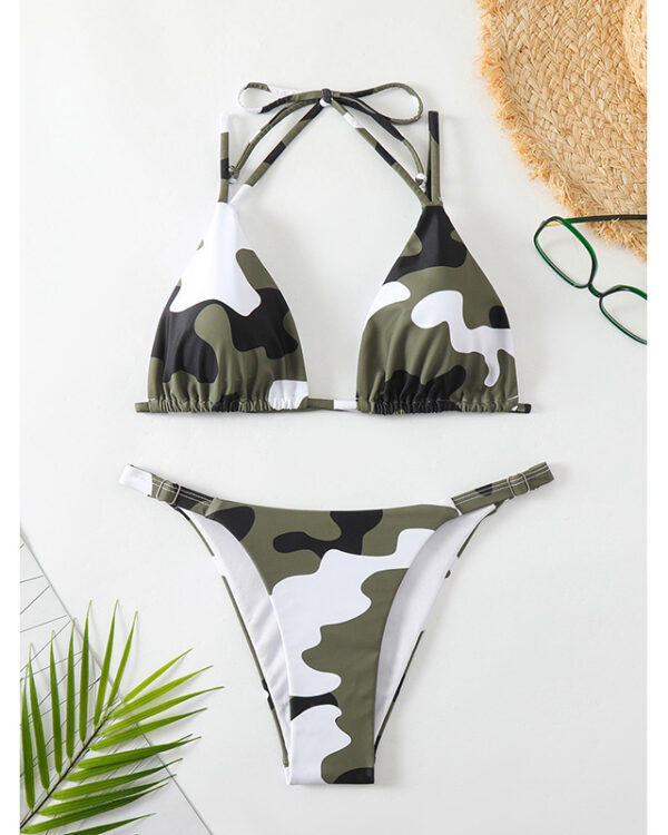 Camouflage Print Triangle Halter Bikini Set with High-Cut Buckle Bottoms
