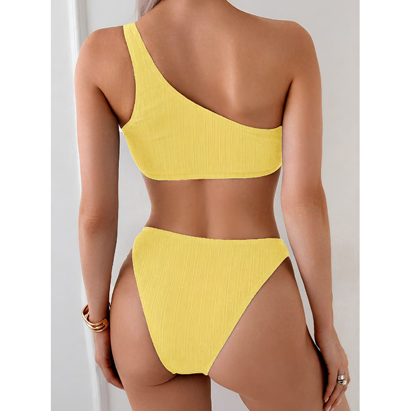 Yellow Asymmetric One-Shoulder Bikini Set with Ring Detail and High-Cut Bottoms view 3