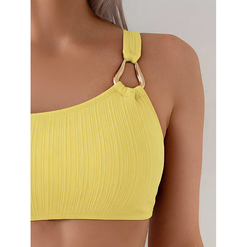 Yellow Asymmetric One-Shoulder Bikini Set with Ring Detail and High-Cut Bottoms view 5