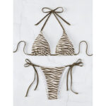 Olive Brown Zebra Print Halter Triangle Bikini Set with Tie-Side Bottom