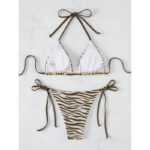Olive Brown Zebra Print Halter Triangle Bikini Set with Tie-Side Bottom view 2