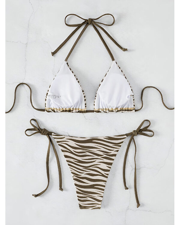 Conjunto de bikini triangular halter con estampado de cebra oliva y lazos laterales
