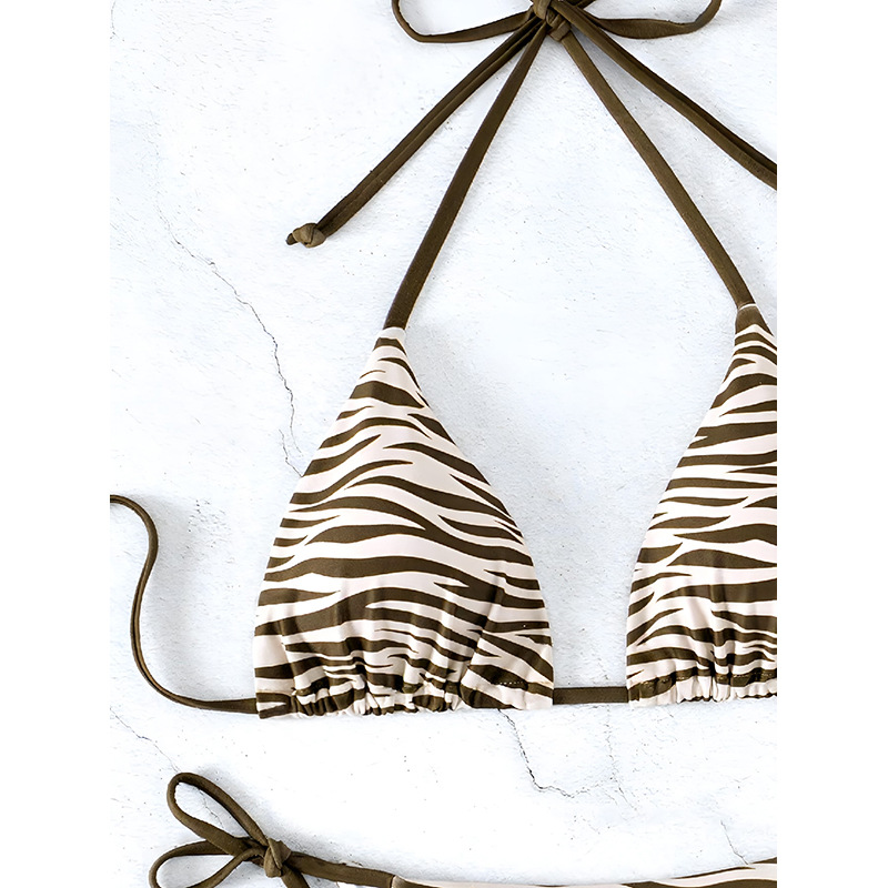 Olive Brown Zebra Print Halter Triangle Bikini Set with Tie-Side Bottom view 3