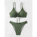 Olive Green Ruched-Front Bikini Set with High-Cut Bottoms
