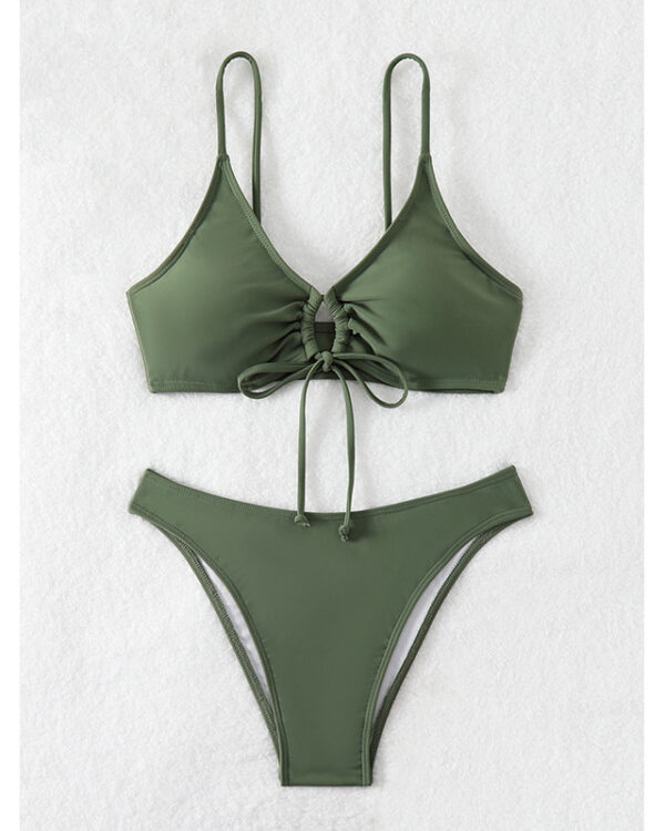 Olive Green Ruched-Front Bikini Set with High-Cut Bottoms