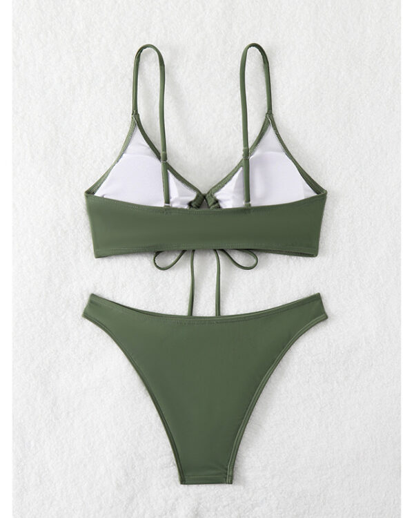 Olive Green Ruched-Front Bikini Set with High-Cut Bottoms